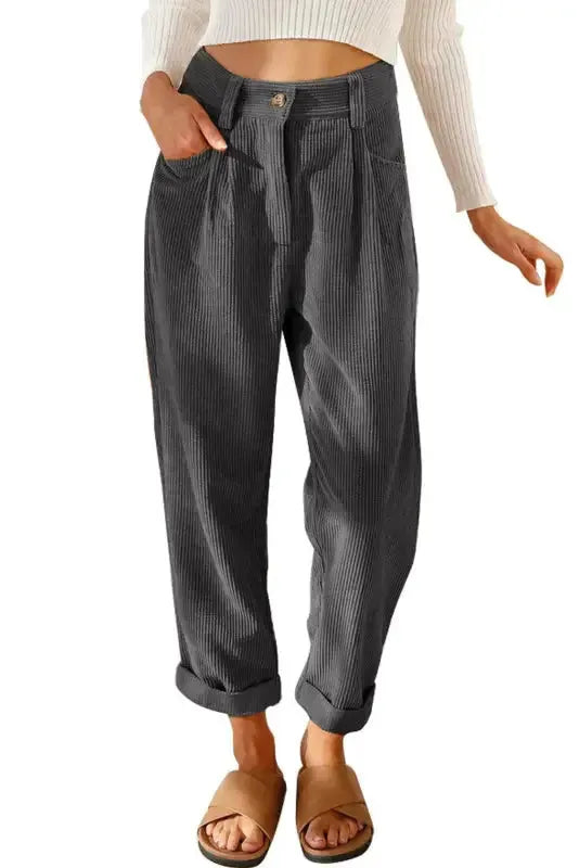 Gray Corduroy High Waist Straight Leg Pants - Fashionfitz