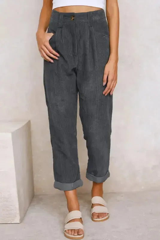Gray Corduroy High Waist Straight Leg Pants - Fashionfitz