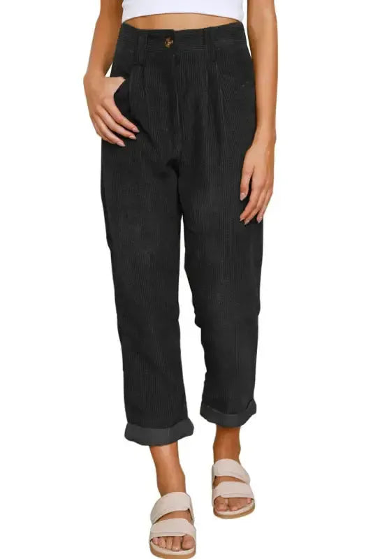 Gray Corduroy High Waist Straight Leg Pants - Fashionfitz