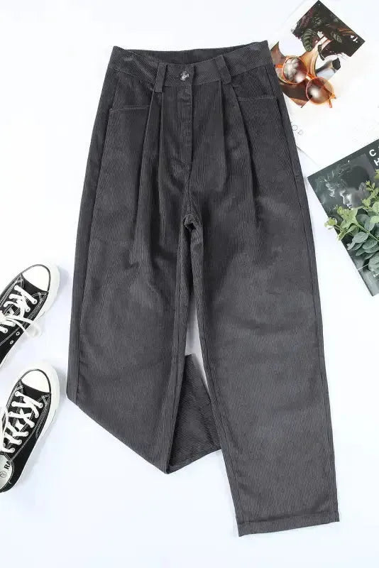 Gray Corduroy High Waist Straight Leg Pants - Fashionfitz