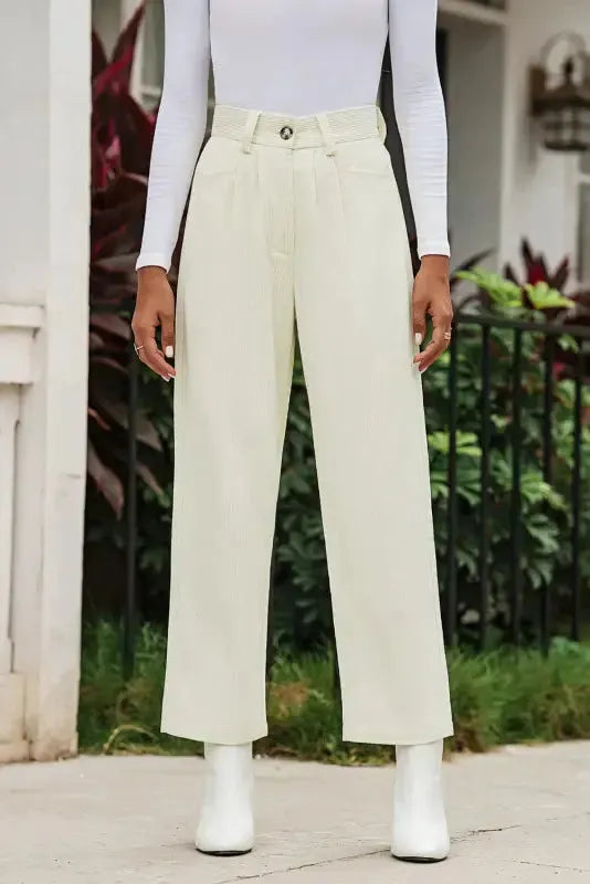 Gray Corduroy High Waist Straight Leg Pants - Fashionfitz