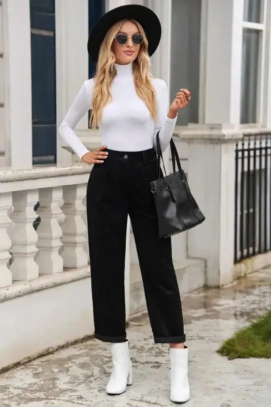 Gray Corduroy High Waist Straight Leg Pants - Fashionfitz