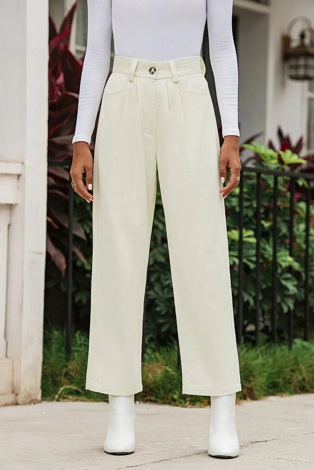 Gray corduroy high waist straight leg pants - beige / 12 / 100% cotton