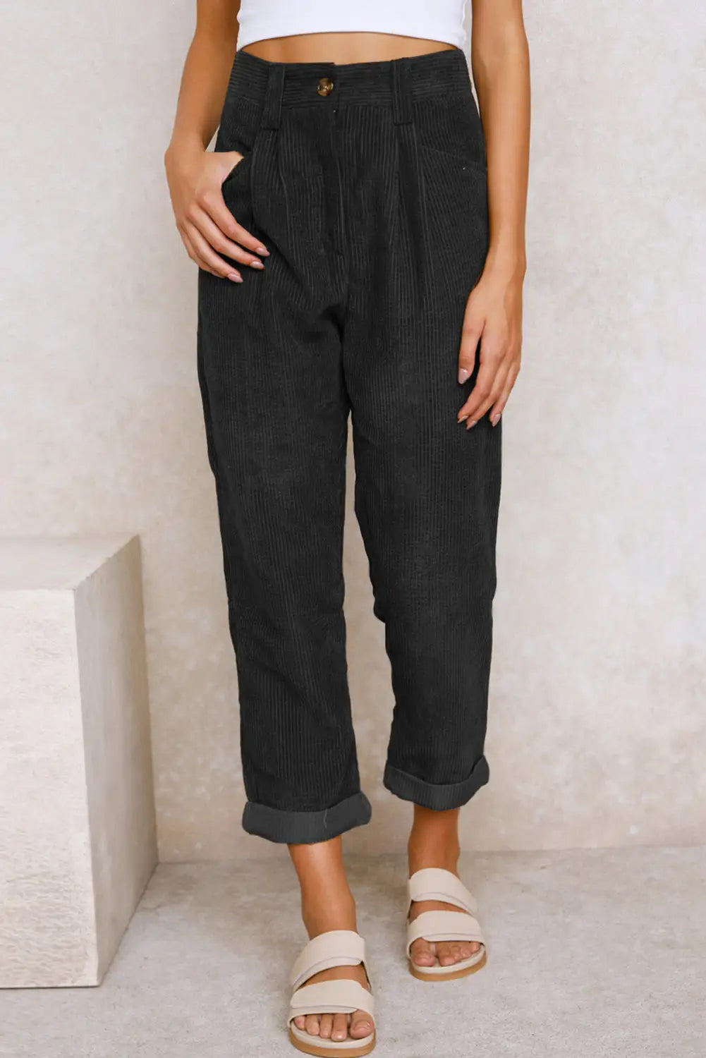 Gray corduroy high waist straight leg pants - black / 8 / 100% cotton