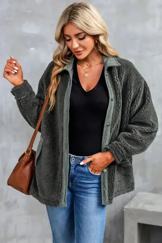Gray Corduroy Trim Elbow Patch Sherpa Jacket - Fashionfitz