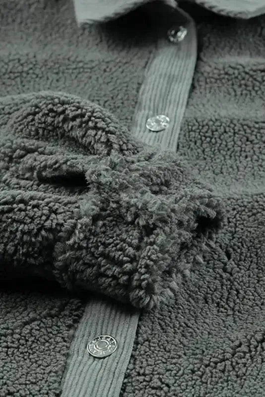 Gray Corduroy Trim Elbow Patch Sherpa Jacket - Fashionfitz