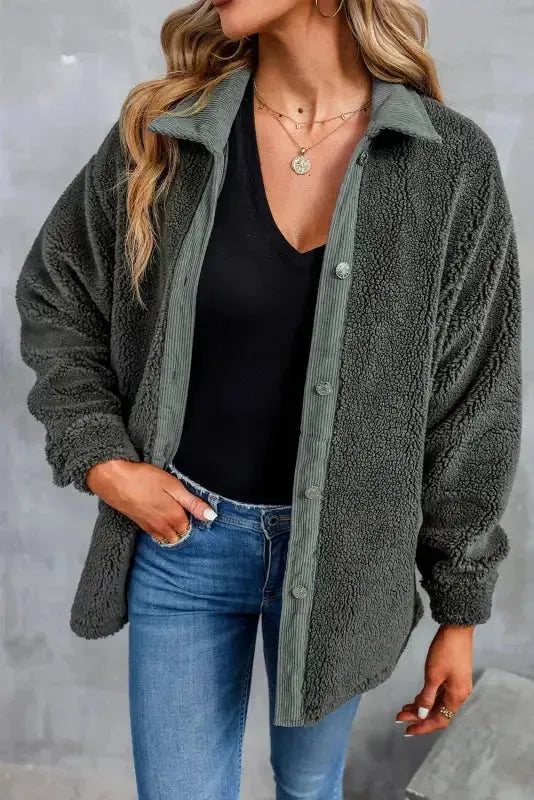 Gray Corduroy Trim Elbow Patch Sherpa Jacket - Fashionfitz