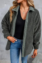 Gray Corduroy Trim Elbow Patch Sherpa Jacket - Fashionfitz