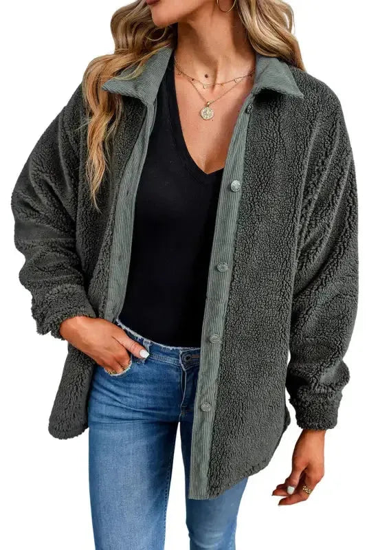 Gray Corduroy Trim Elbow Patch Sherpa Jacket - Fashionfitz