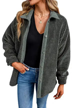 Gray Corduroy Trim Elbow Patch Sherpa Jacket - Fashionfitz