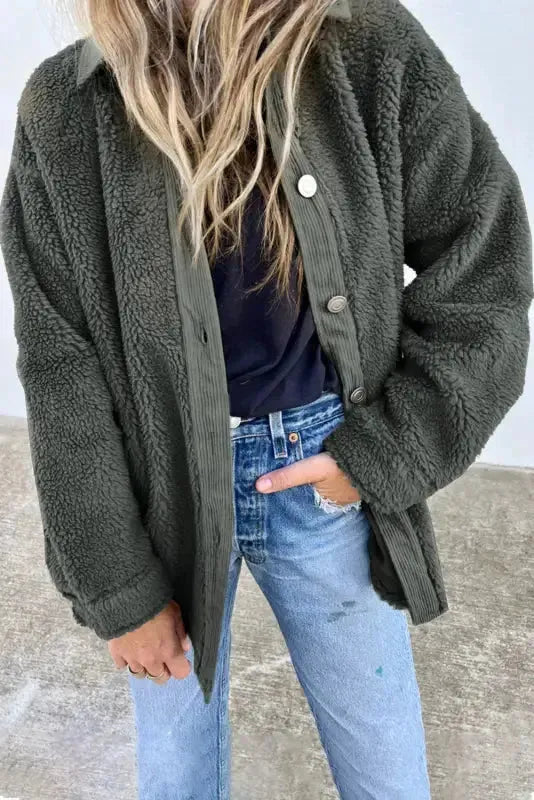Gray Corduroy Trim Elbow Patch Sherpa Jacket - Fashionfitz