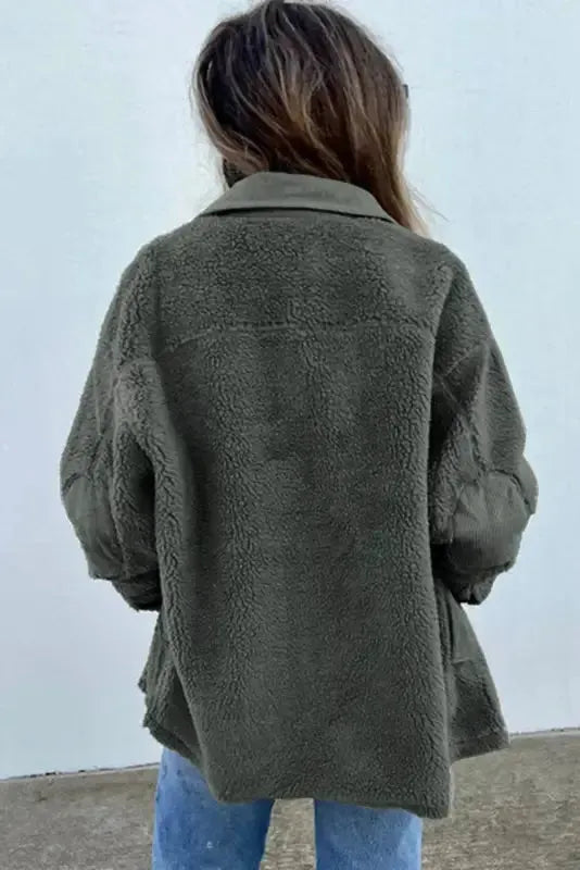 Gray Corduroy Trim Elbow Patch Sherpa Jacket - Fashionfitz