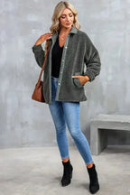 Gray Corduroy Trim Elbow Patch Sherpa Jacket - Fashionfitz