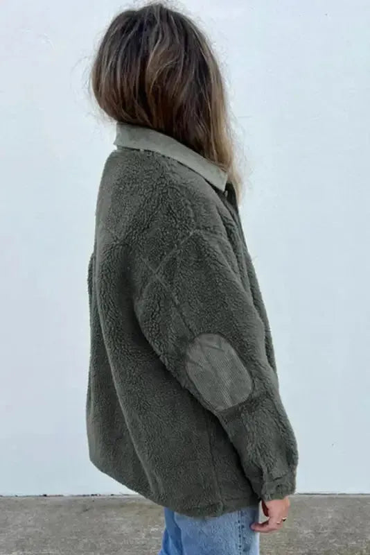 Gray Corduroy Trim Elbow Patch Sherpa Jacket - Fashionfitz