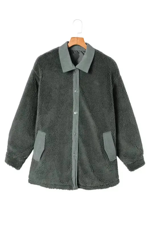 Gray Corduroy Trim Elbow Patch Sherpa Jacket - Fashionfitz
