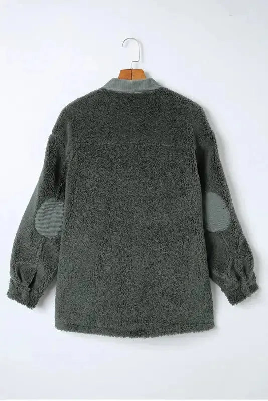 Gray Corduroy Trim Elbow Patch Sherpa Jacket - Fashionfitz