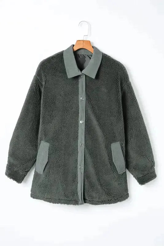 Gray Corduroy Trim Elbow Patch Sherpa Jacket - Fashionfitz