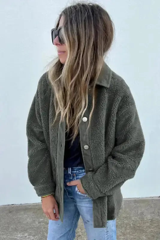 Gray Corduroy Trim Elbow Patch Sherpa Jacket - Fashionfitz
