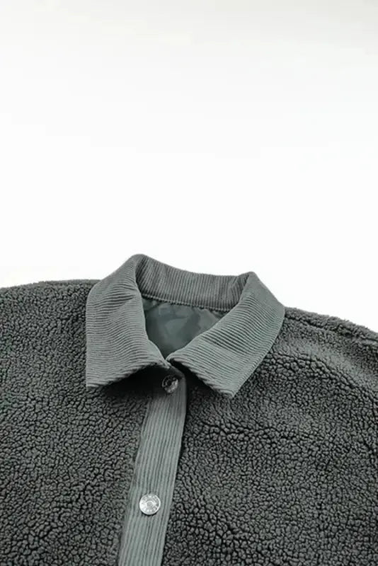 Gray Corduroy Trim Elbow Patch Sherpa Jacket - Fashionfitz