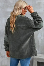 Gray Corduroy Trim Elbow Patch Sherpa Jacket - Fashionfitz