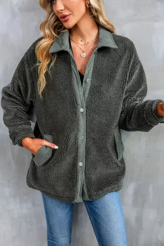 Gray Corduroy Trim Elbow Patch Sherpa Jacket - Fashionfitz