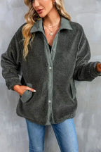Gray Corduroy Trim Elbow Patch Sherpa Jacket - Fashionfitz