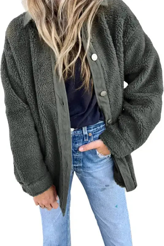 Gray Corduroy Trim Elbow Patch Sherpa Jacket - Fashionfitz