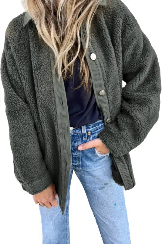 Gray corduroy trim elbow patch sherpa jacket - jackets