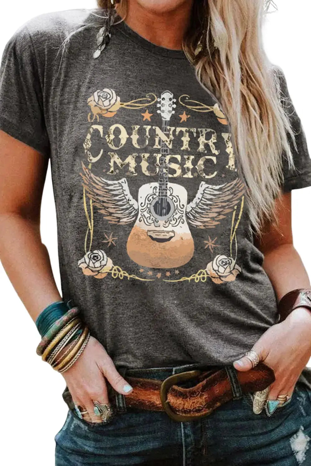 Gray country music guitar graphic print crew neck t shirt - t-shirts