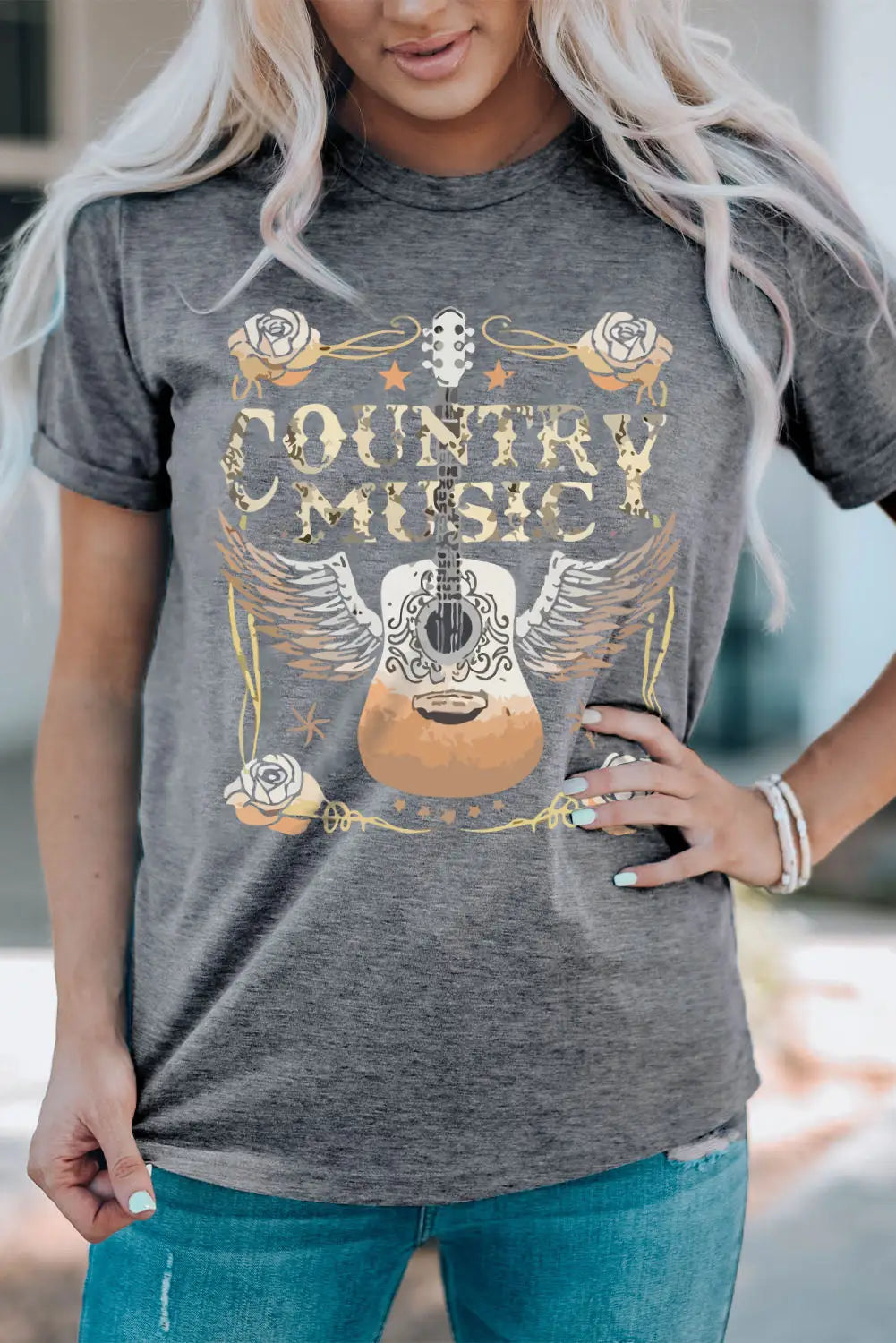 Gray country music guitar graphic print crew neck t shirt - t-shirts