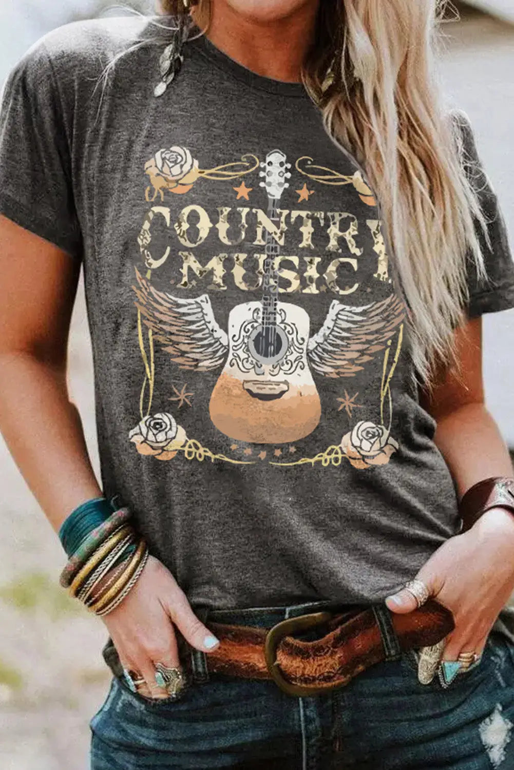 Gray country music guitar graphic print crew neck t shirt - s / 95% polyester + 5% elastane - t-shirts