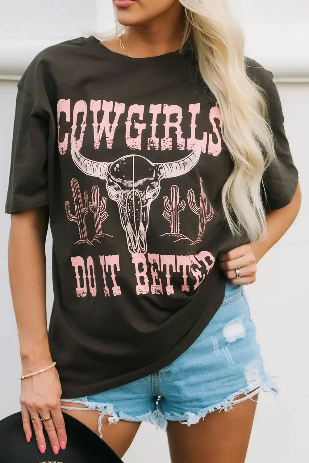 Gray cowgirls do it better graphic print oversized t shirt - t-shirts