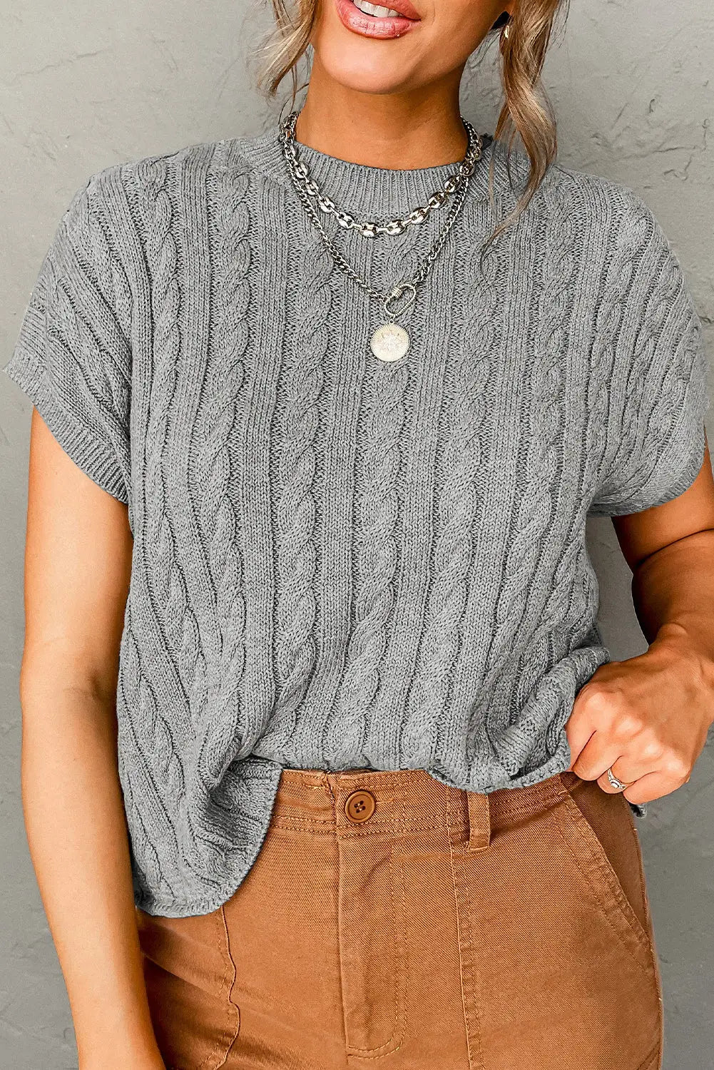 Gray crew neck cable knit short sleeve sweater - 2xl / 55% acrylic + 45% cotton - sweaters & cardigans