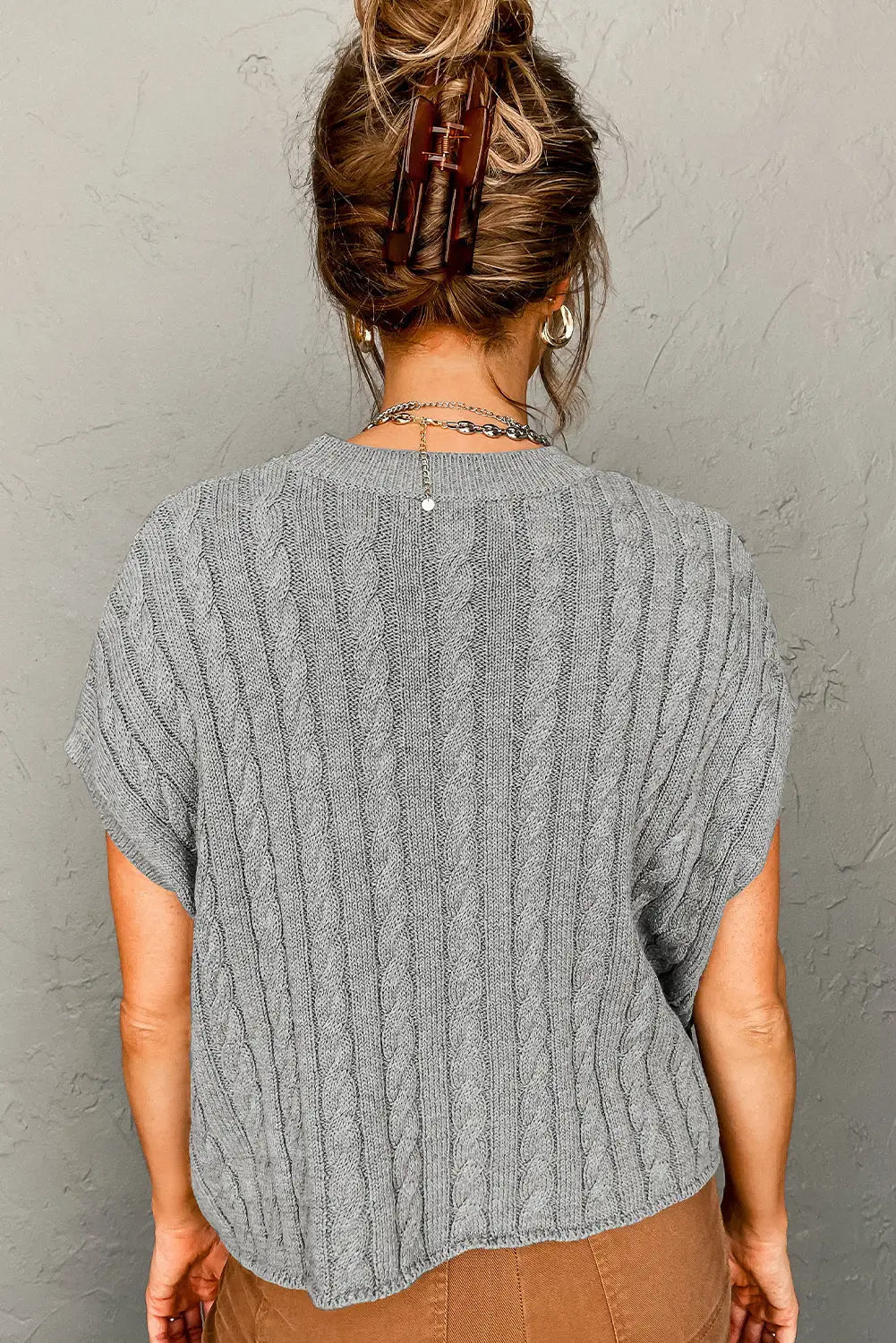 Gray crew neck cable knit short sleeve sweater - sweaters & cardigans