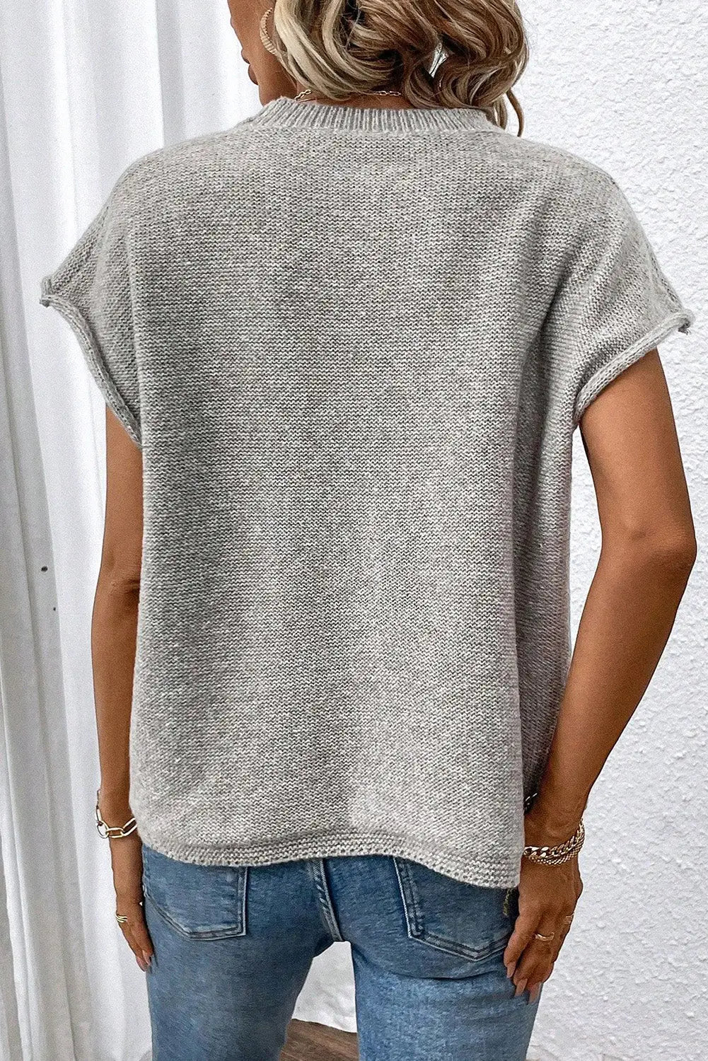 Gray crew neck center seamed short sleeve sweater - sweaters & cardigans