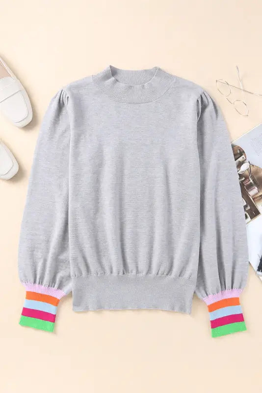 Gray crew neck colorful striped cuffs puff sleeves sweater - sweaters & cardigans