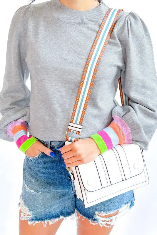 Gray crew neck colorful striped cuffs puff sleeves sweater - sweaters & cardigans