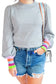 Gray crew neck colorful striped cuffs puff sleeves sweater - sweaters & cardigans