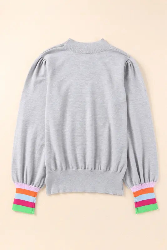 Gray crew neck colorful striped cuffs puff sleeves sweater - sweaters & cardigans