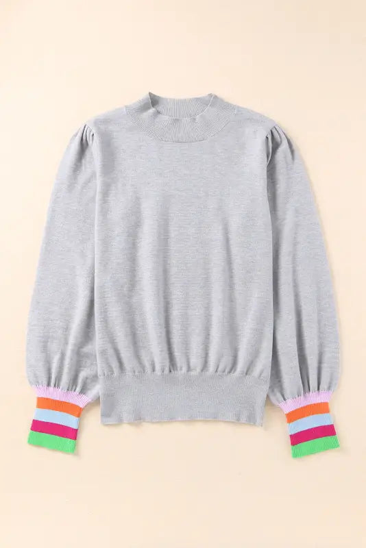 Gray crew neck colorful striped cuffs puff sleeves sweater - sweaters & cardigans