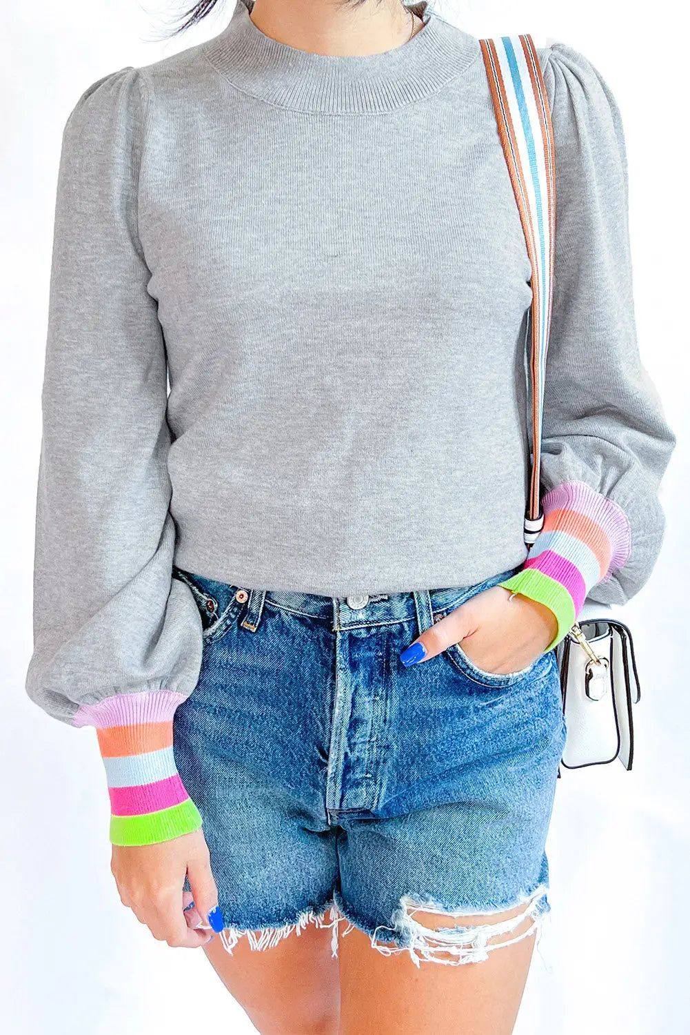 Gray crew neck colorful striped cuffs puff sleeves sweater - m / 44% polyamide + 36% viscose + 20% polyester - sweaters