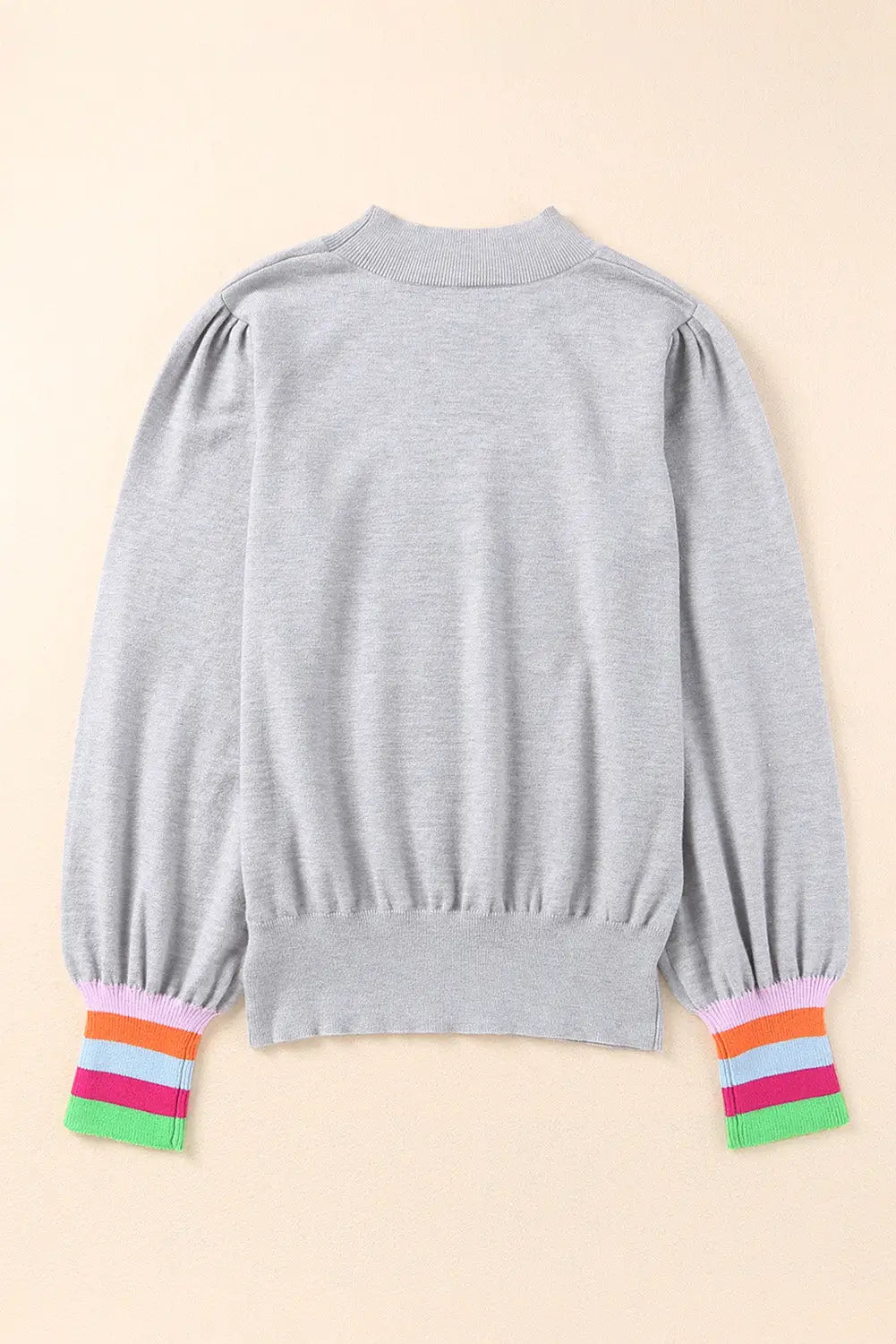 Gray crew neck colorful striped cuffs puff sleeves sweater - sweaters & cardigans