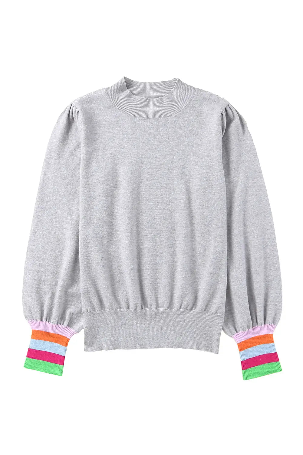 Gray crew neck colorful striped cuffs puff sleeves sweater - sweaters & cardigans