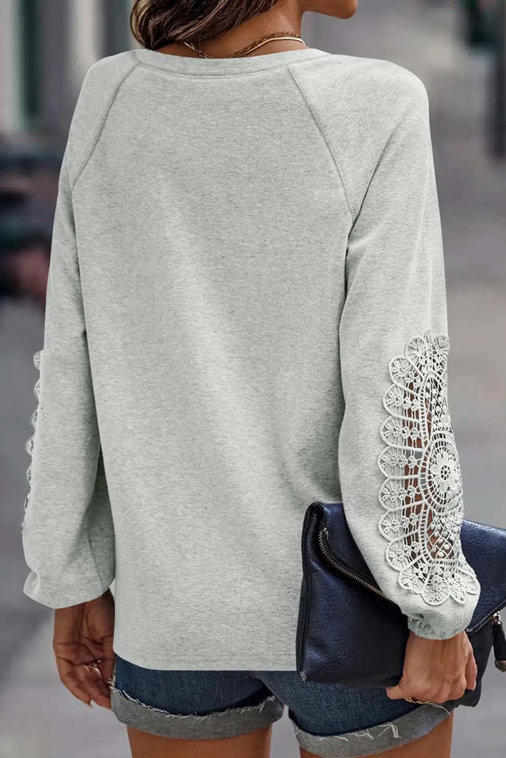 Gray crochet lace patch raglan sleeve top - tops