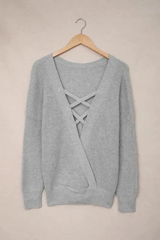 Gray Cross Back Hollow-out Sweater - Fashionfitz