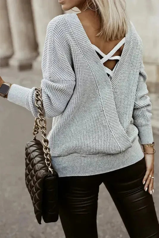 Gray Cross Back Hollow-out Sweater - Fashionfitz