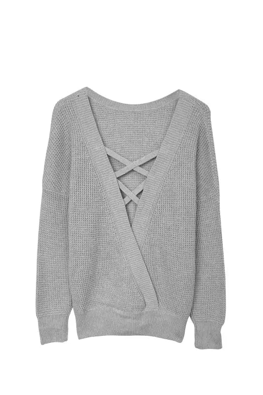 Gray cross back hollow-out sweater - sweaters & cardigans