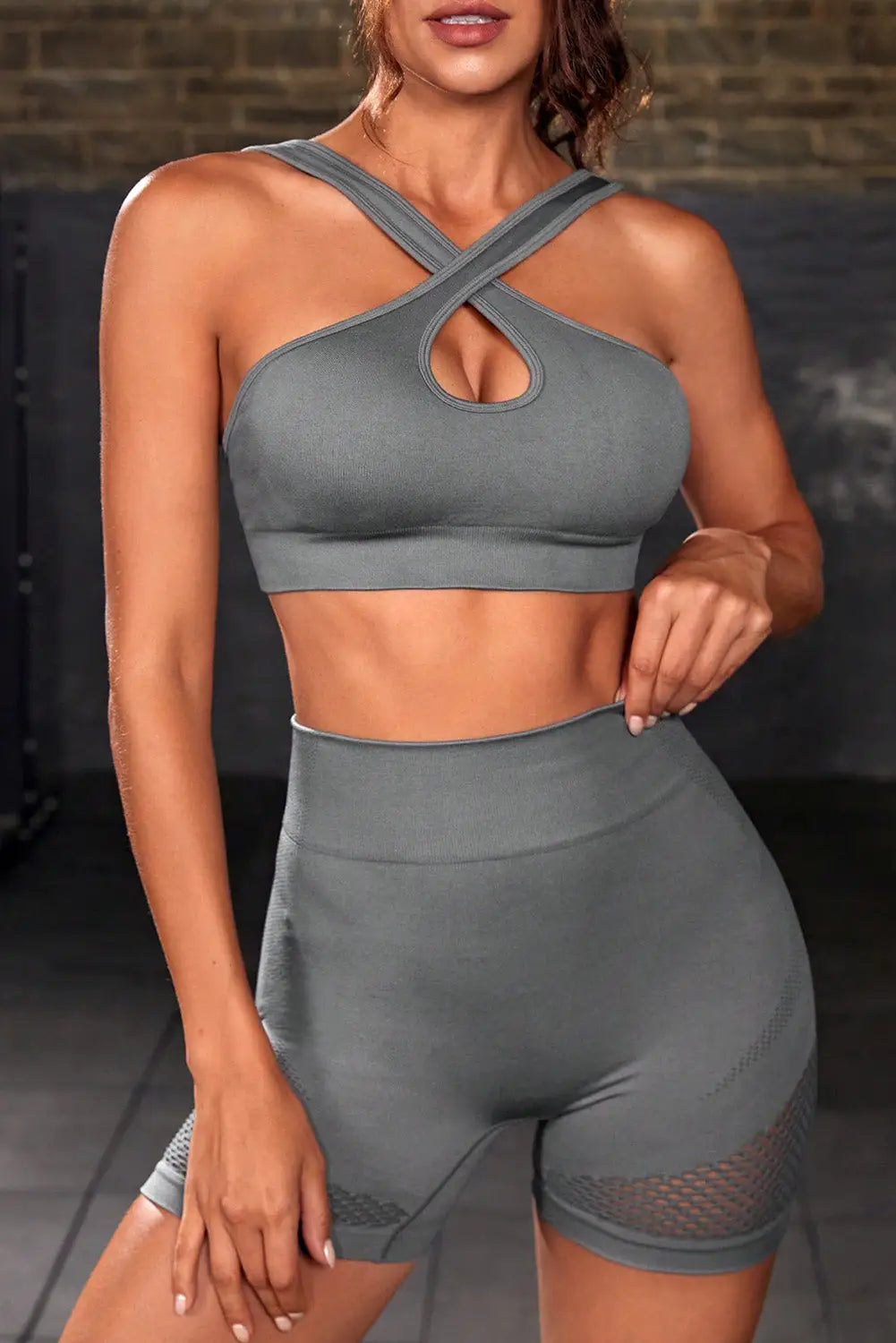 Gray cross straps cutout bra and high waist shorts set - s /