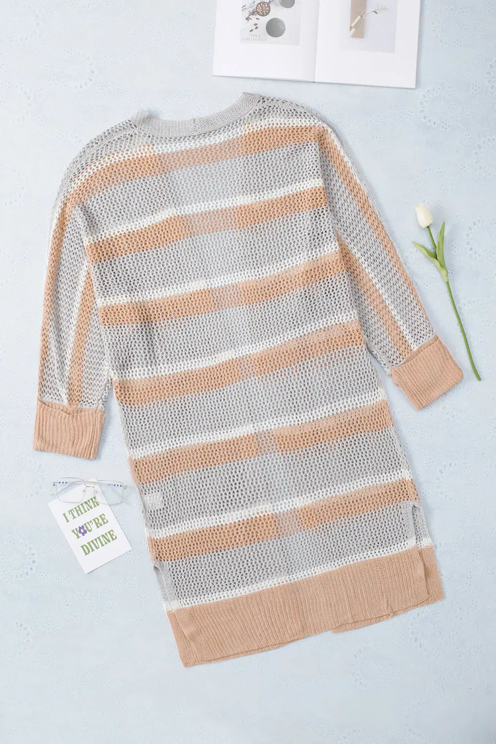 Gray days end tan open knit striped cardigan - 2xl / 100% acrylic - sweaters & cardigans