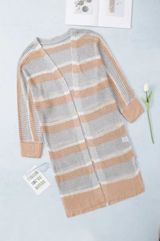 Gray days end tan open knit striped cardigan - 2xl / 100% acrylic - sweaters & cardigans